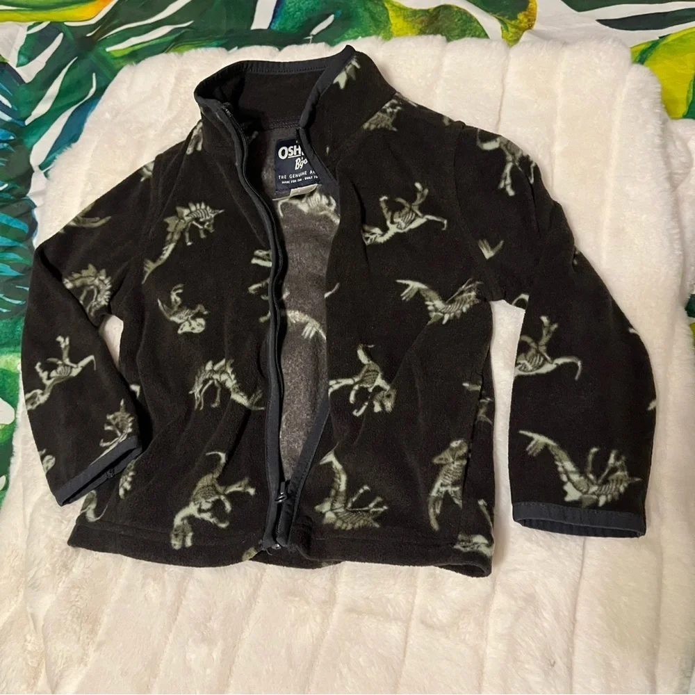 EUC OshKosh Baby Toddler 24M Grey Brown Dino Zip Fleece Lightweight Zip Jacket